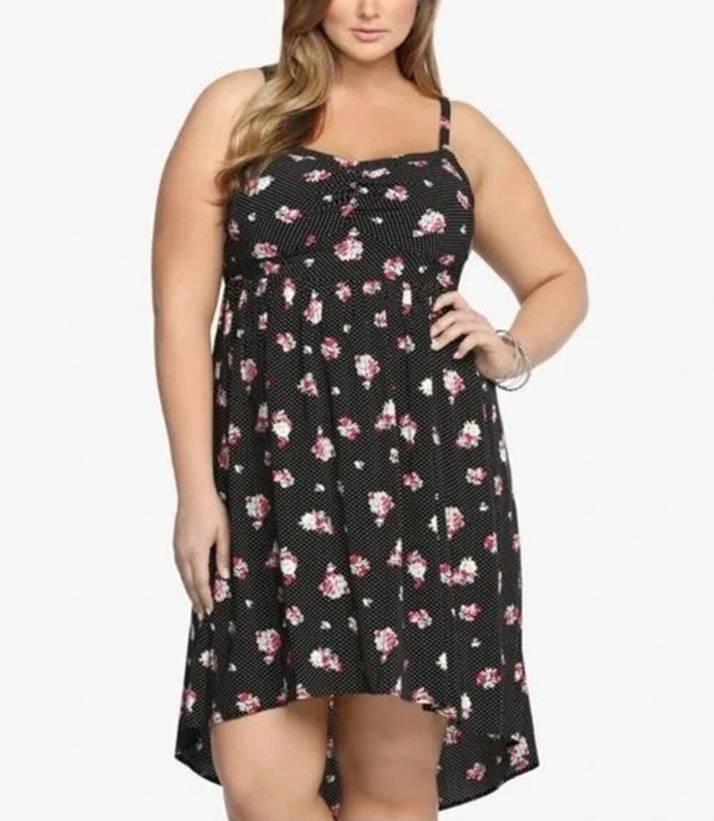 Torrid Polka Dot Floral Print Hi-Low Hem Summer Dress Black Multi
